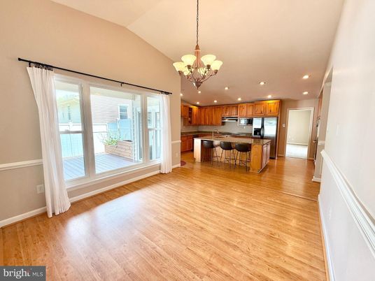 Chandelier, Interior, Kitchen, Recessed Lighting, Stainless Steel Appliances, Wood Texture Flooring