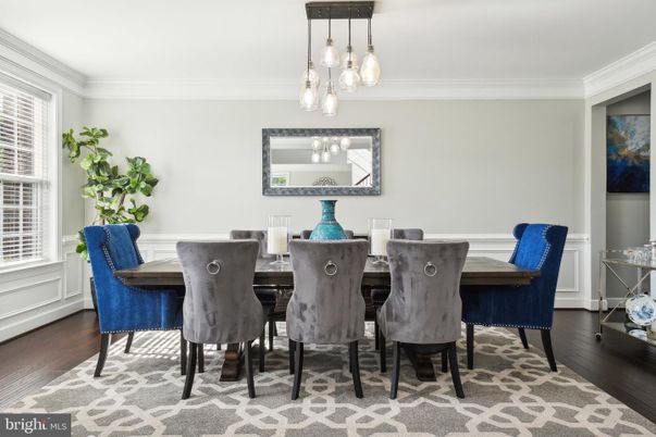 Dining room, Interior, Pendant Lights, Wood Texture Flooring