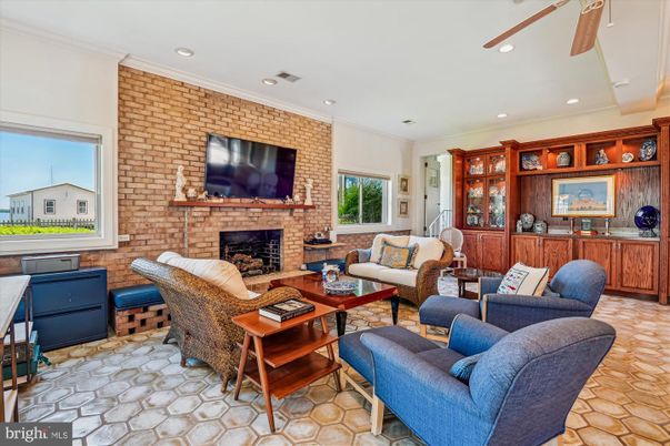 Fireplace, Interior, Living room, Recessed Lighting, Stone Walls
