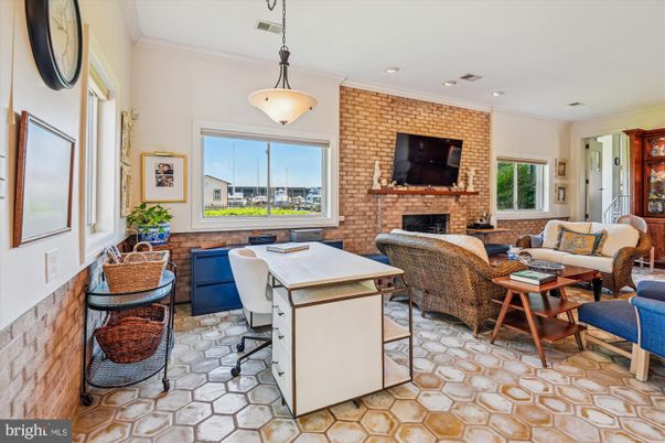 Fireplace, Home Office, Interior, Living room, Pendant Lights, Recessed Lighting, Stone Walls