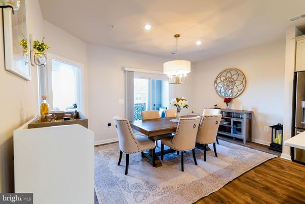 Dining room, Interior, Pendant Lights, Recessed Lighting, Wood Texture Flooring