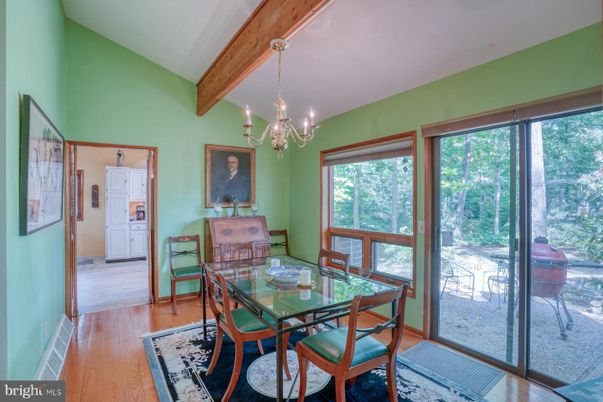 Chandelier, Dining room, Interior, Wooden Beams, Wood Texture Flooring