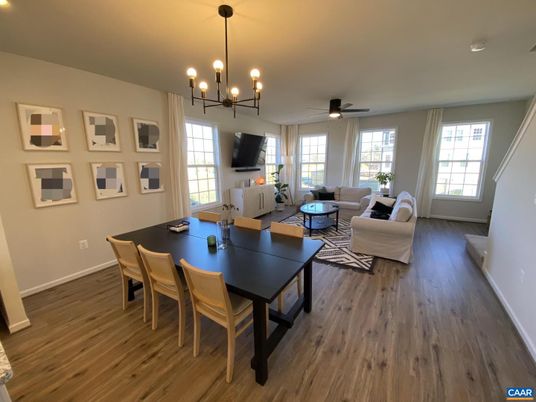 Dining room, Interior, Living room, Pendant Lights, Wood Texture Flooring