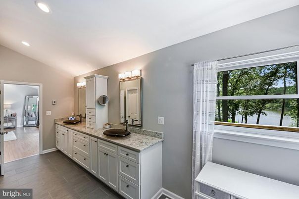 Bathroom, Dual Sink Vanities, Interior, Recessed Lighting, Water, Wood Texture Flooring