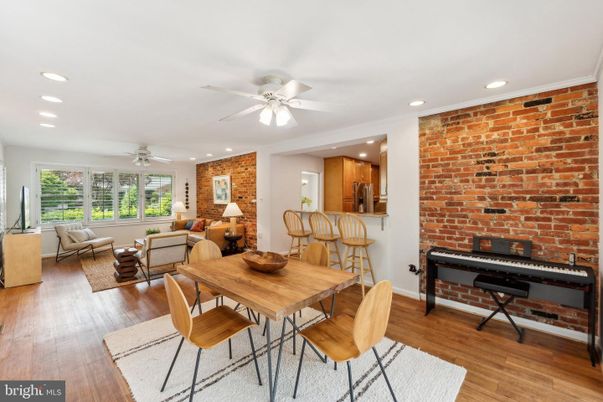 Dining room, Interior, Kitchen, Living room, Recessed Lighting, Stone Walls, Wood Texture Flooring