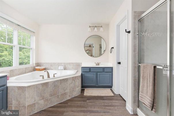 Bathroom, Dual Sink Vanities, Glass Shower, Interior, Wood Texture Flooring