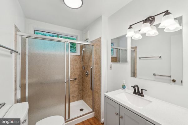 Bathroom, Glass Shower, Interior, Recessed Lighting, Wood Texture Flooring