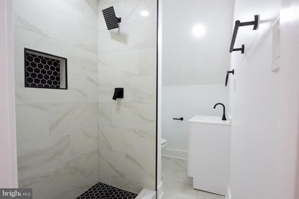Bathroom, Glass Shower, Interior, Marble Walls, Recessed Lighting