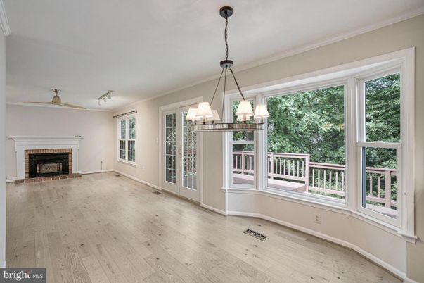 Empty room, Fireplace, Interior, Pendant Lights, Wood Texture Flooring