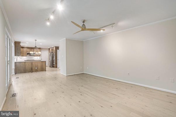 Empty room, Interior, Kitchen, Pendant Lights, Recessed Lighting, Wood Texture Flooring