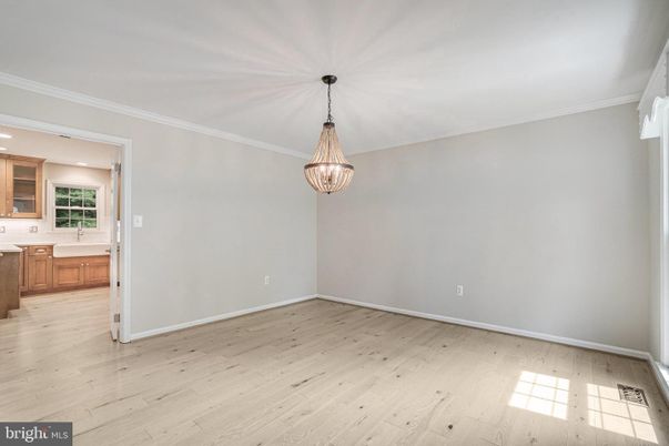 Chandelier, Empty room, Interior, Kitchen, Pendant Lights, Recessed Lighting, Wood Texture Flooring