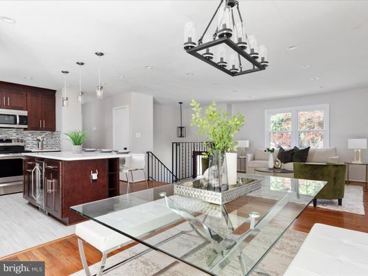 Dining room, Interior, Kitchen, Living room, Pendant Lights, Recessed Lighting, Stainless Steel Appliances, Wood Texture Flooring