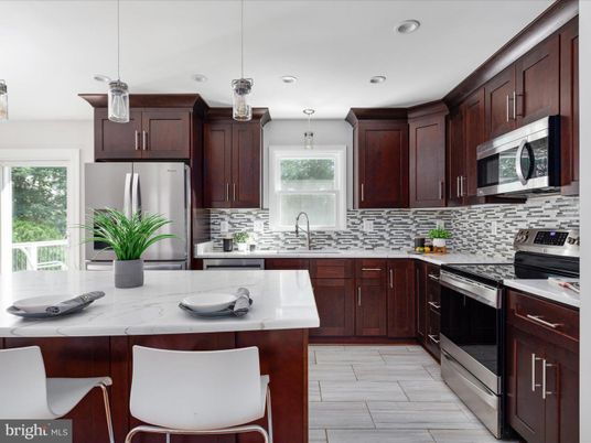 Interior, Kitchen, Marble, Pendant Lights, Recessed Lighting, Stainless Steel Appliances