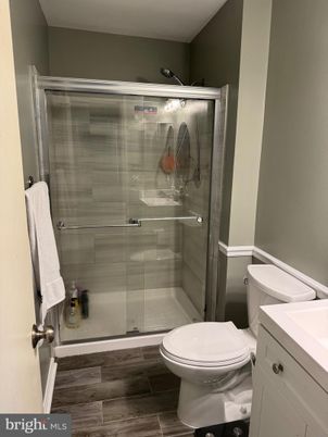 Bathroom, Glass Shower, Interior, Wood Texture Flooring
