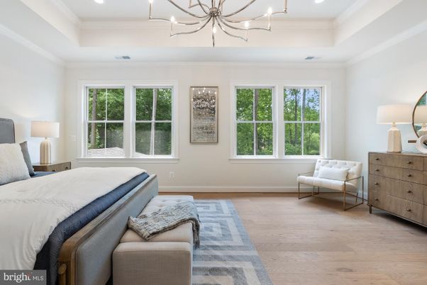 Bedroom, Chandelier, Interior, Recessed Lighting, Wood Texture Flooring