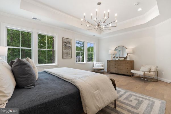 Bedroom, Chandelier, Interior, Recessed Lighting, Wood Texture Flooring
