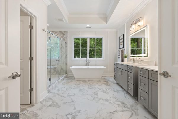 Bathroom, Dual Sink Vanities, Free Standing Baths, Glass Shower, Interior, Marble, Marble Walls, Recessed Lighting