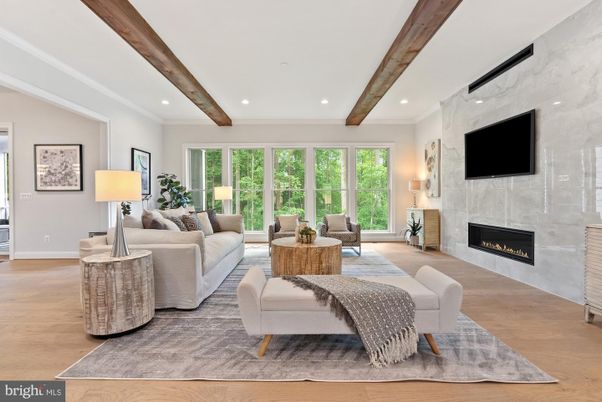 Fireplace, Interior, Living room, Marble Walls, Recessed Lighting, Wooden Beams, Wood Texture Flooring