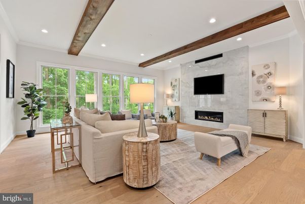 Fireplace, Interior, Living room, Recessed Lighting, Wooden Beams, Wood Texture Flooring