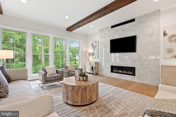 Fireplace, Interior, Living room, Recessed Lighting, Wooden Beams, Wood Texture Flooring