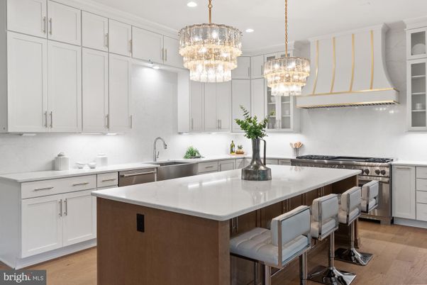 Chandelier, Interior, Kitchen, Recessed Lighting, Stainless Steel Appliances, Wood Texture Flooring