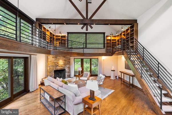 Fireplace, Interior, Living room, Pendant Lights, Recessed Lighting, Stone Walls, Wooden Beams, Wood Texture Flooring