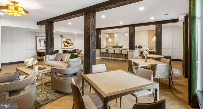 Dining room, Interior, Living room, Pendant Lights, Recessed Lighting, Wooden Beams, Wood Texture Flooring