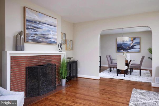 Dining room, Fireplace, Interior, Pendant Lights, Wood Texture Flooring