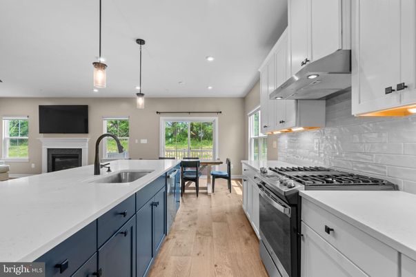 Dining room, Fireplace, Interior, Kitchen, Pendant Lights, Recessed Lighting, Stainless Steel Appliances, Wood Texture Flooring