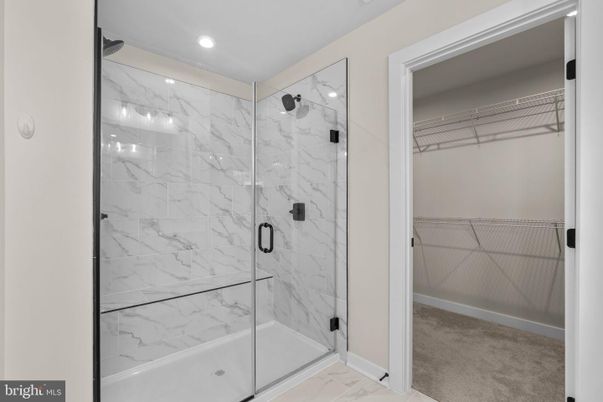 Bathroom, Glass Shower, Interior, Marble Walls, Recessed Lighting, Walk-in Closets