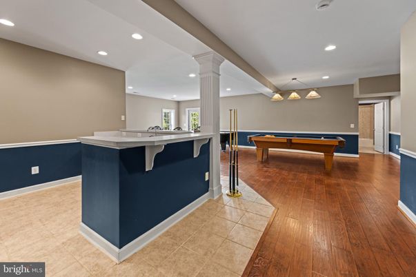 Billiard Table, Game Room, Interior, Pendant Lights, Recessed Lighting, Wood Texture Flooring
