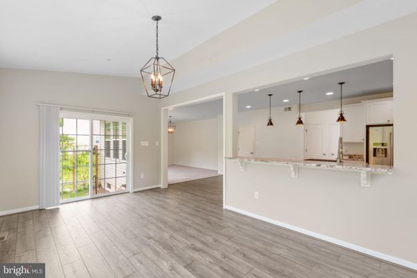 Empty room, Interior, Kitchen, Pendant Lights, Recessed Lighting, Wood Texture Flooring