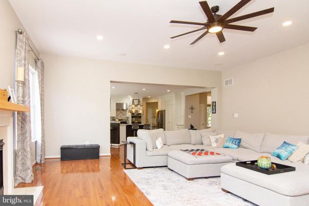 Fireplace, Interior, Kitchen, Living room, Recessed Lighting, Wood Texture Flooring