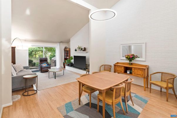 Dining room, Fireplace, Interior, Living room, Pendant Lights, Stone Walls, Wood Texture Flooring