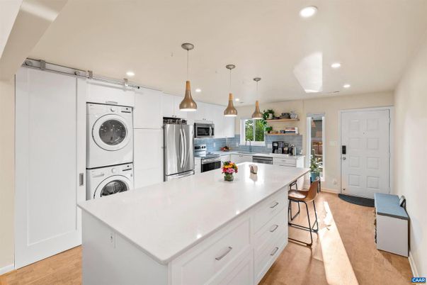 Interior, Kitchen, Pendant Lights, Recessed Lighting, Stainless Steel Appliances, Washer, Wood Texture Flooring