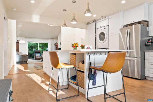 Interior, Kitchen, Pendant Lights, Recessed Lighting, Stainless Steel Appliances, Washer, Wood Texture Flooring