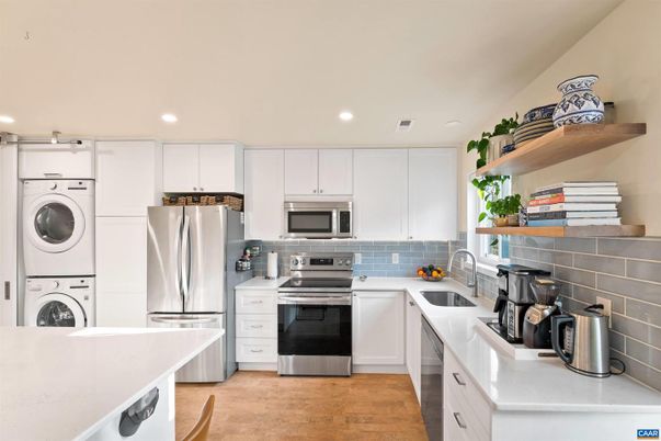 Interior, Kitchen, Recessed Lighting, Stainless Steel Appliances, Washer, Wood Texture Flooring