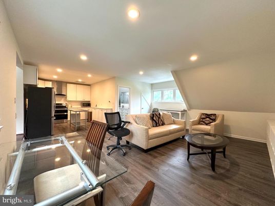 Interior, Kitchen, Living room, Recessed Lighting, Stainless Steel Appliances, Wood Texture Flooring