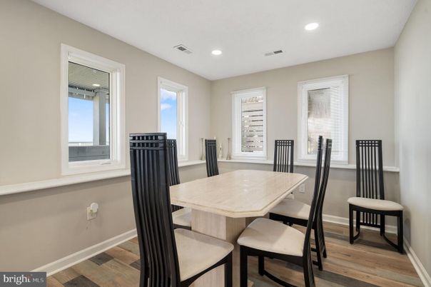 Dining room, Interior, Recessed Lighting, Wood Texture Flooring