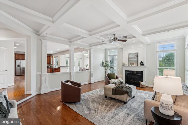 Fireplace, Interior, Kitchen, Living room, Recessed Lighting, Wood Texture Flooring