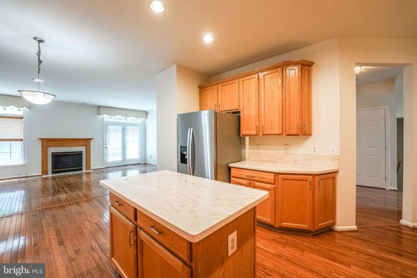 Fireplace, Interior, Kitchen, Pendant Lights, Recessed Lighting, Wood Texture Flooring