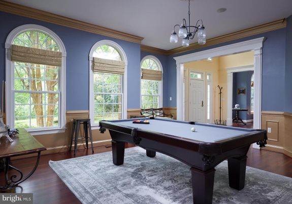 Billiard Table, Chandelier, Game Room, Interior, Wood Texture Flooring