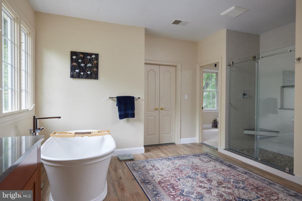 Bathroom, Free Standing Baths, Glass Shower, Interior, Wood Texture Flooring