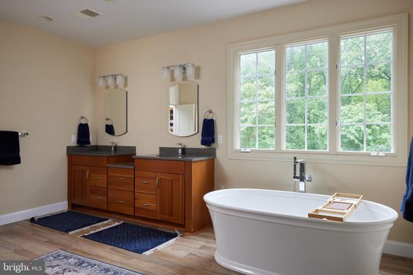 Bathroom, Dual Sink Vanities, Free Standing Baths, Interior, Wood Texture Flooring
