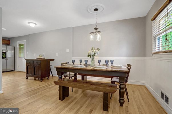 Dining room, Interior, Pendant Lights, Wood Texture Flooring