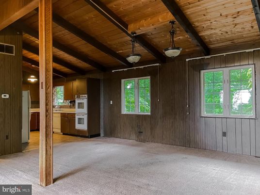 Empty room, Interior, Kitchen, Pendant Lights, Wooden Beams, Wooden Ceilings, Wooden Walls