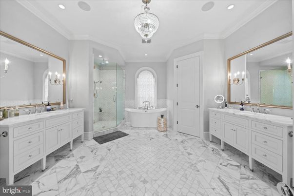 Bathroom, Chandelier, Dual Sink Vanities, Free Standing Baths, Glass Shower, Interior, Marble, Recessed Lighting