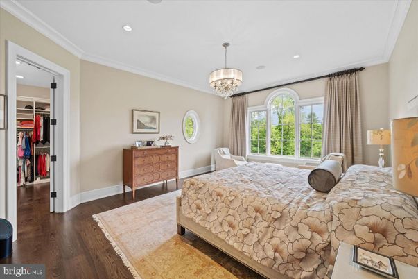 Bedroom, Chandelier, Interior, Recessed Lighting, Wood Texture Flooring