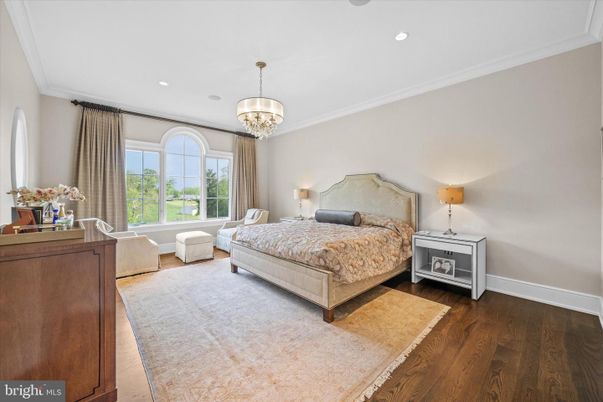 Bedroom, Chandelier, Interior, Recessed Lighting, Wood Texture Flooring
