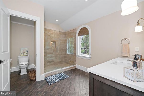 Bathroom, Glass Shower, Interior, Recessed Lighting, Wood Texture Flooring